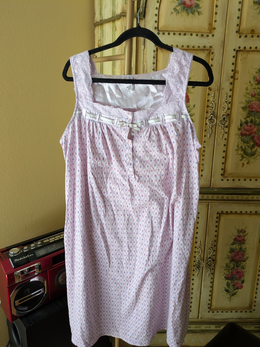 Secret Treasures Pale Pink/Lavender Printed Lace-Trim Chemise Sz XL Granny Core